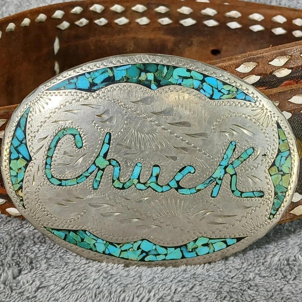 Vintage Dale Western Belt & Buckle Mens Floral Tooled Leather Inlay Chip 